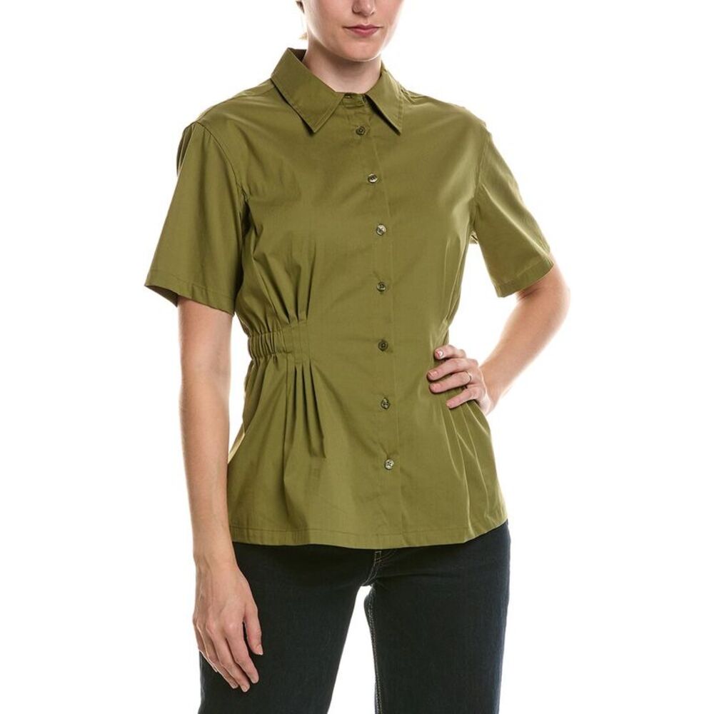 Anne Klein Womens  Pleated Waist Button-Up Shirt, Green